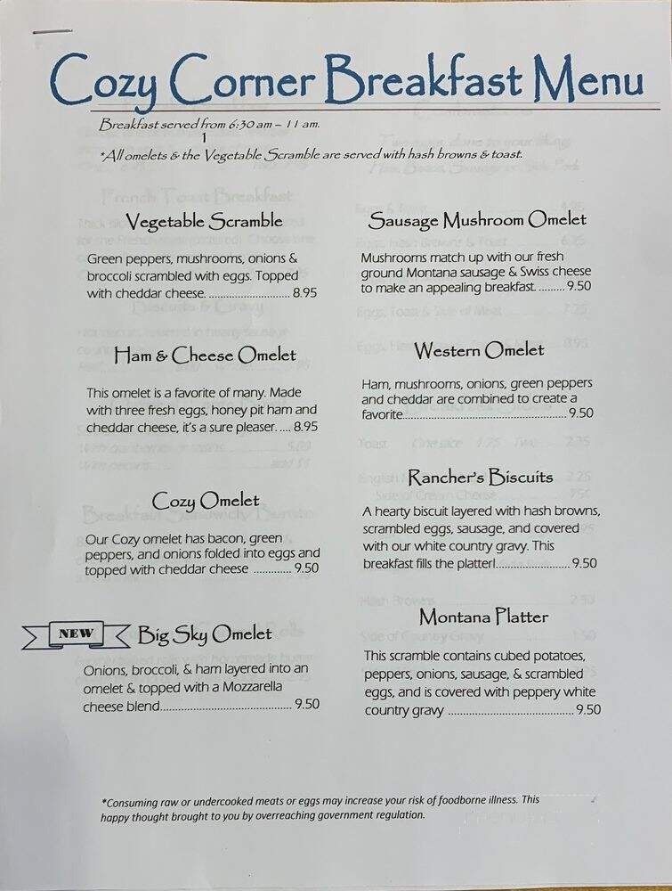 Cozy Corner Cafe - Fairfield, MT menu_pic