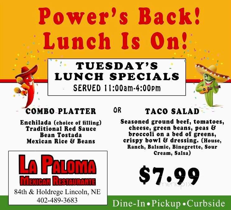 La Paloma Restaurant - Lincoln, NE menu_pic