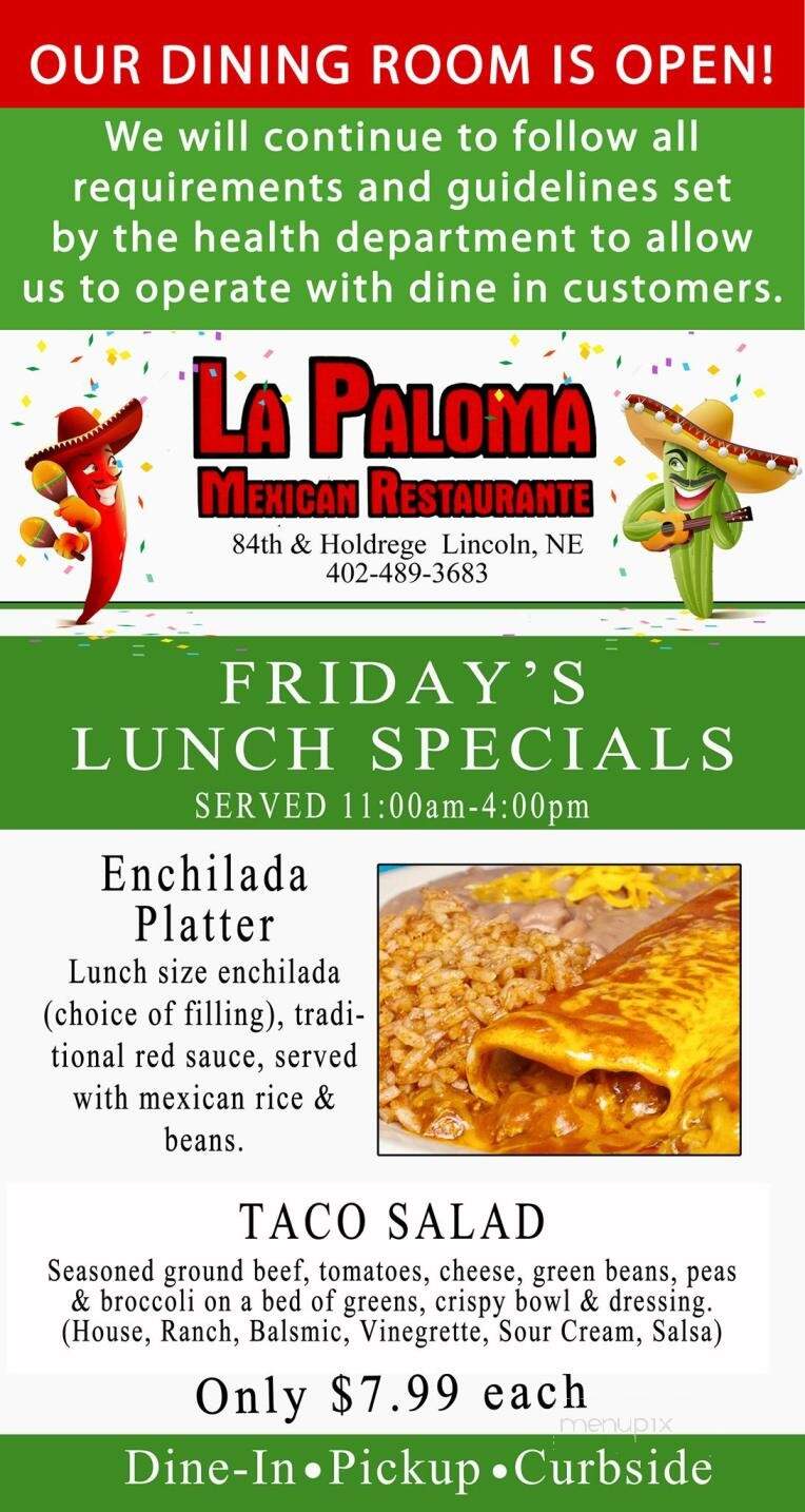 La Paloma Restaurant - Lincoln, NE menu_pic