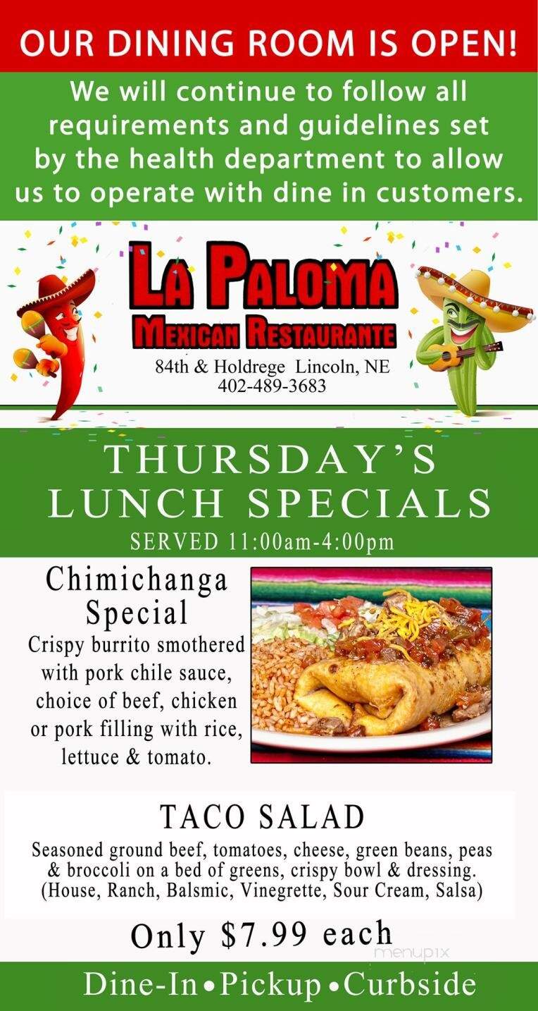 La Paloma Restaurant - Lincoln, NE menu_pic