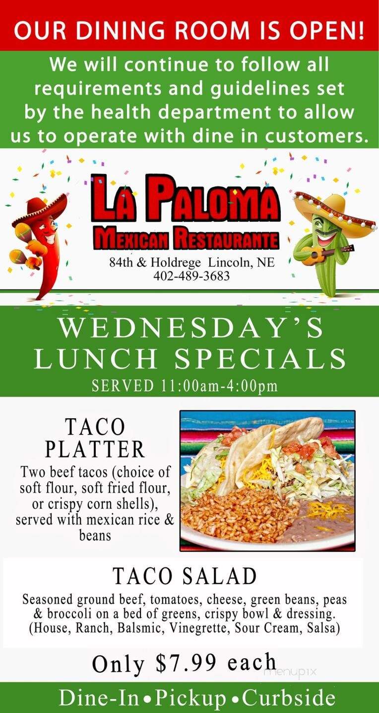 La Paloma Restaurant - Lincoln, NE menu_pic