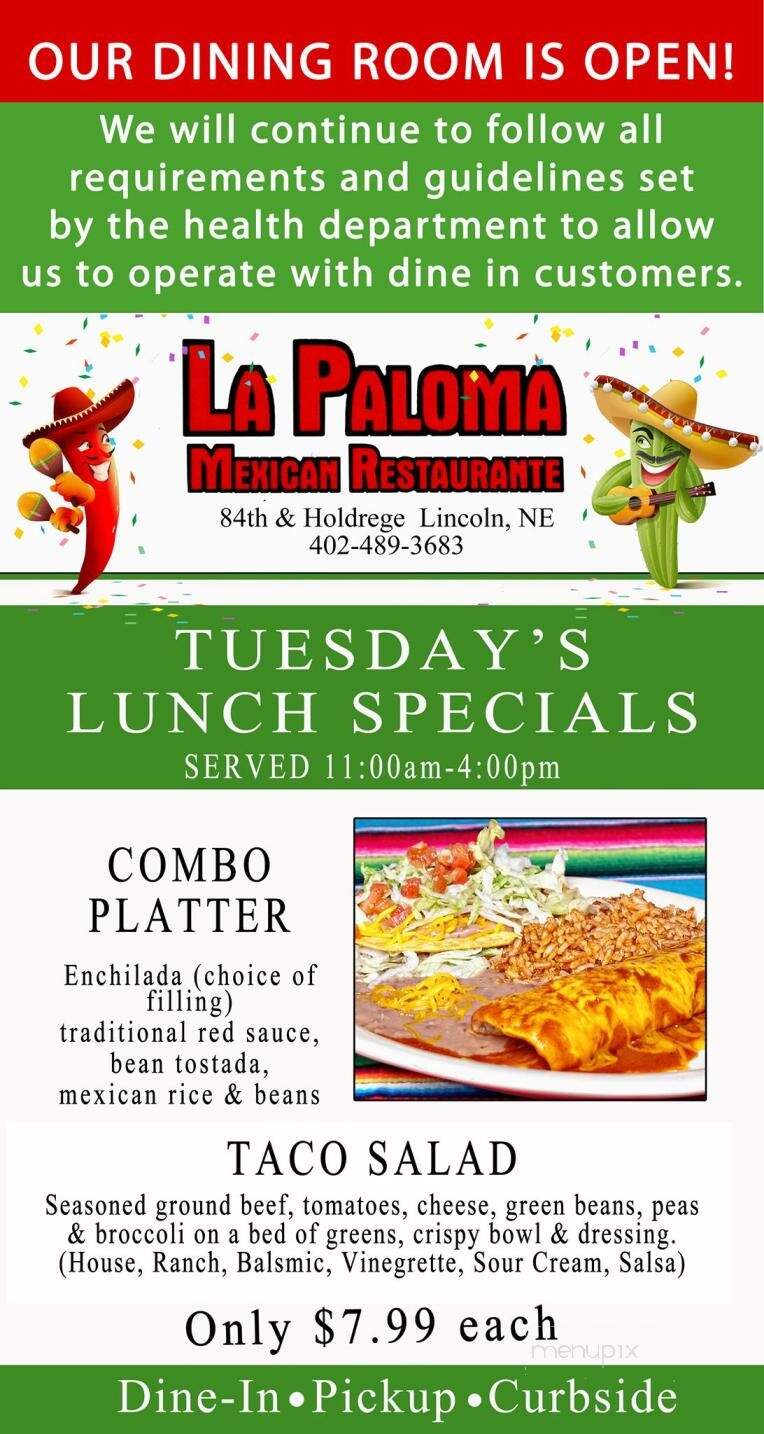La Paloma Restaurant - Lincoln, NE menu_pic