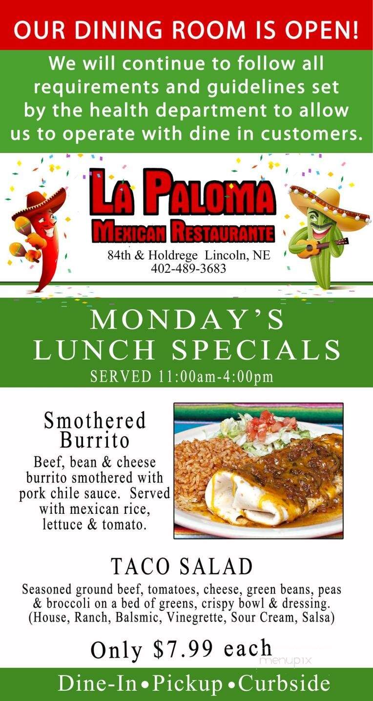La Paloma Restaurant - Lincoln, NE menu_pic