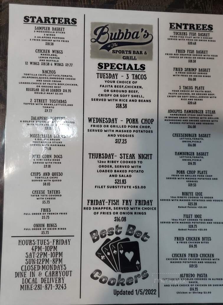 Bubba's at Tiki - Tiki Island, TX menu_pic