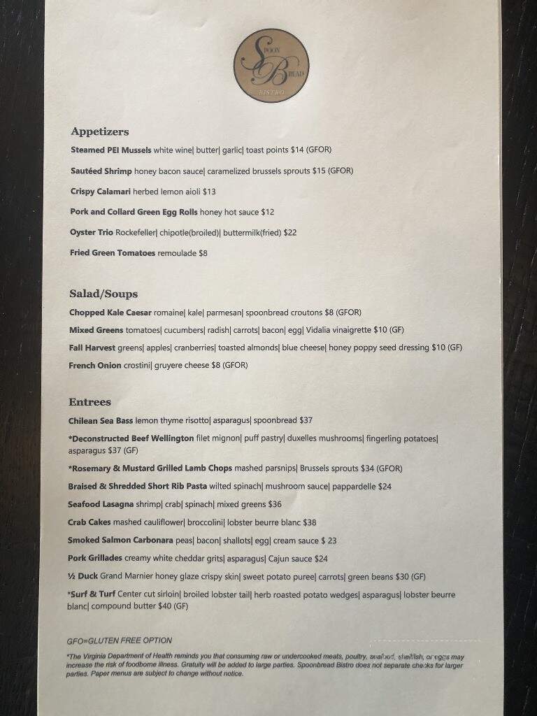 Spoonbread Bistro Deux - Richmond, VA menu_pic