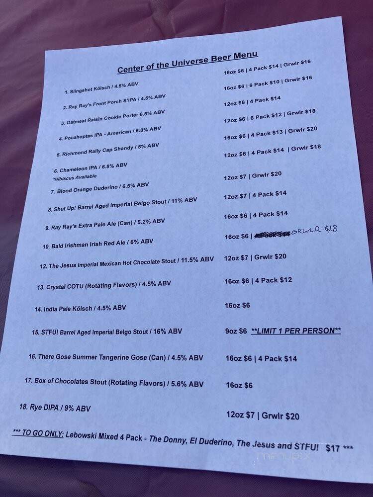 Center of the Universe Brewing Company - Ashland, VA menu_pic