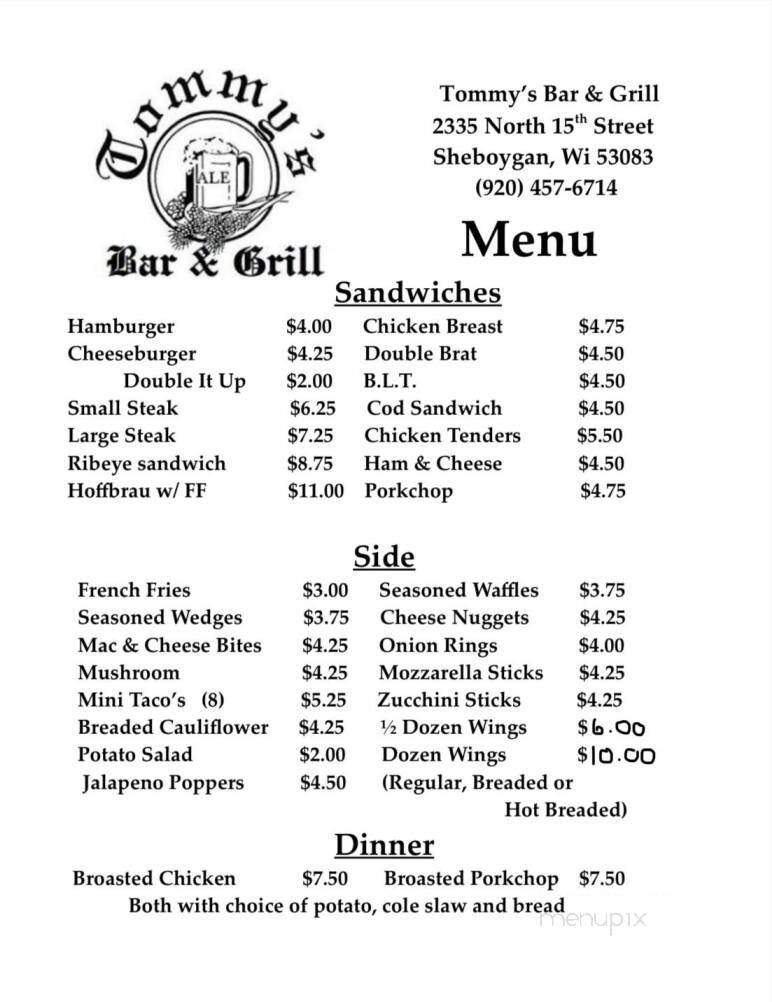Tommys Bar - Sheboygan, WI menu_pic