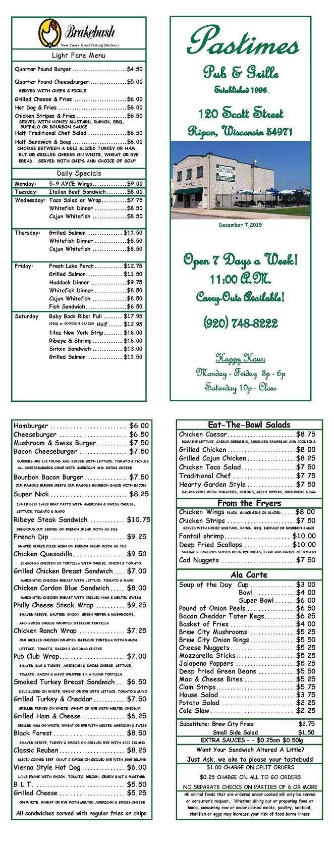 Pastimes Pub & Grille - Ripon, WI menu_pic