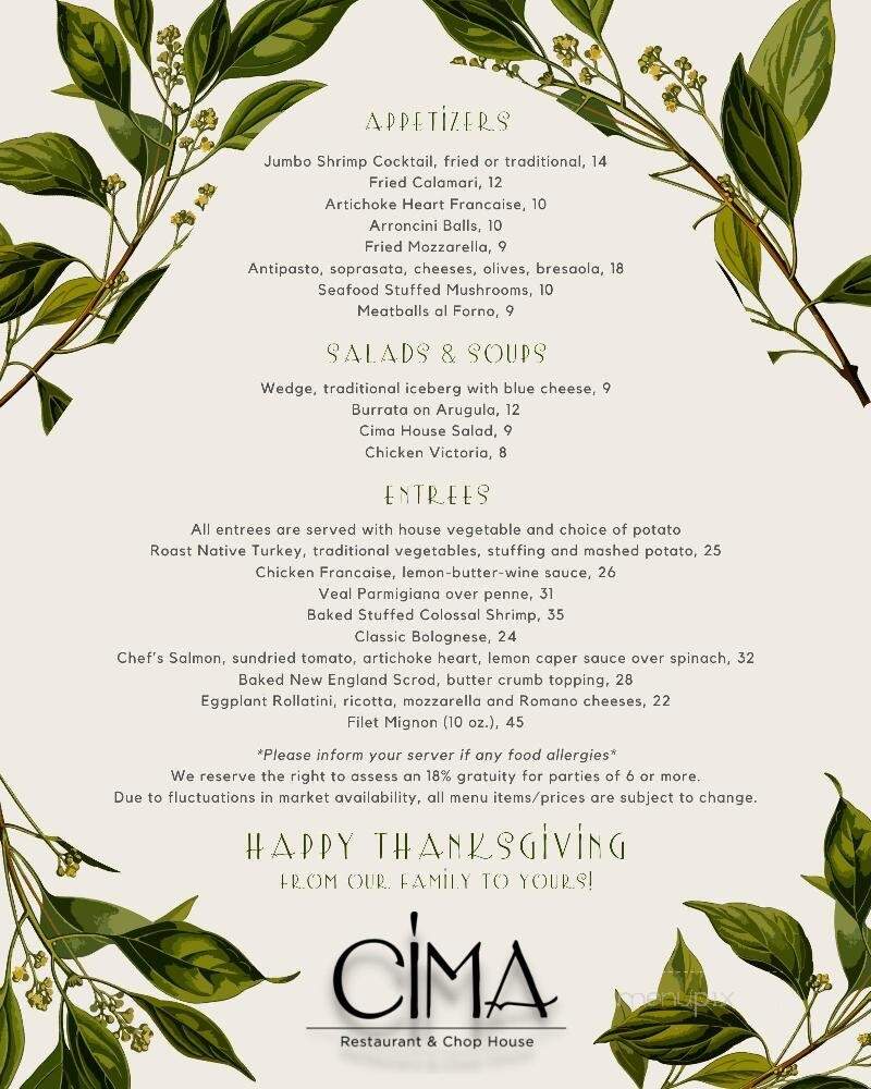 Cima Restaurant And Chop House - Wilbraham, MA menu_pic
