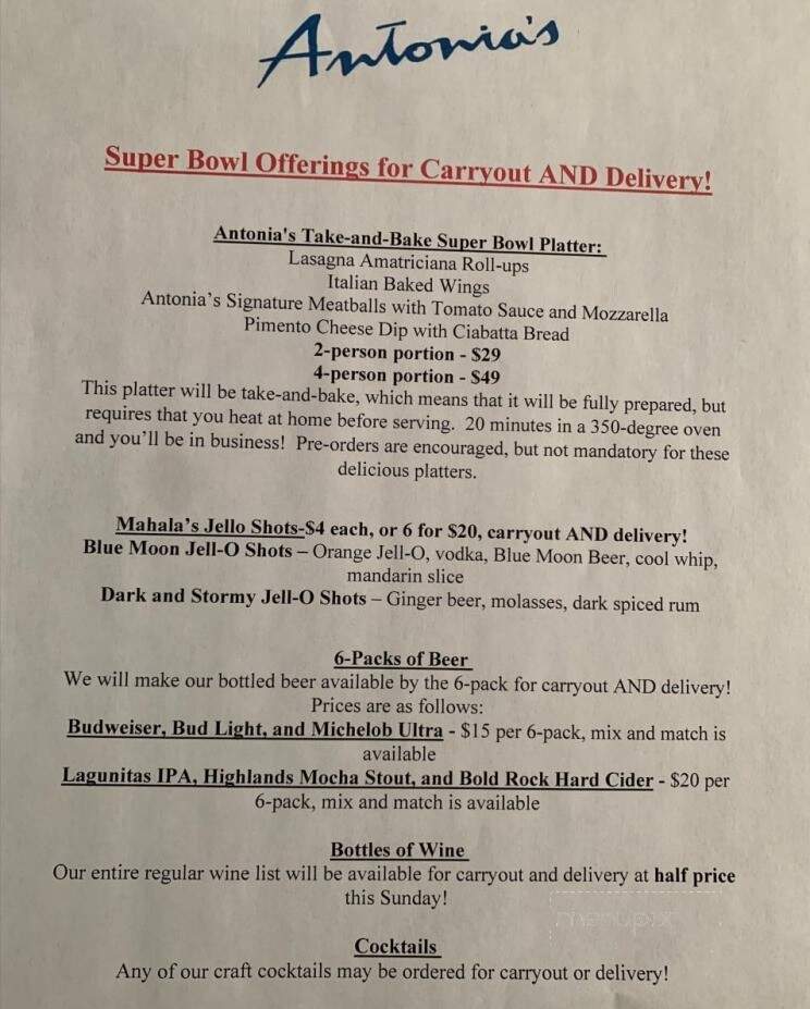 Antonia's - Hillsborough, NC menu_pic