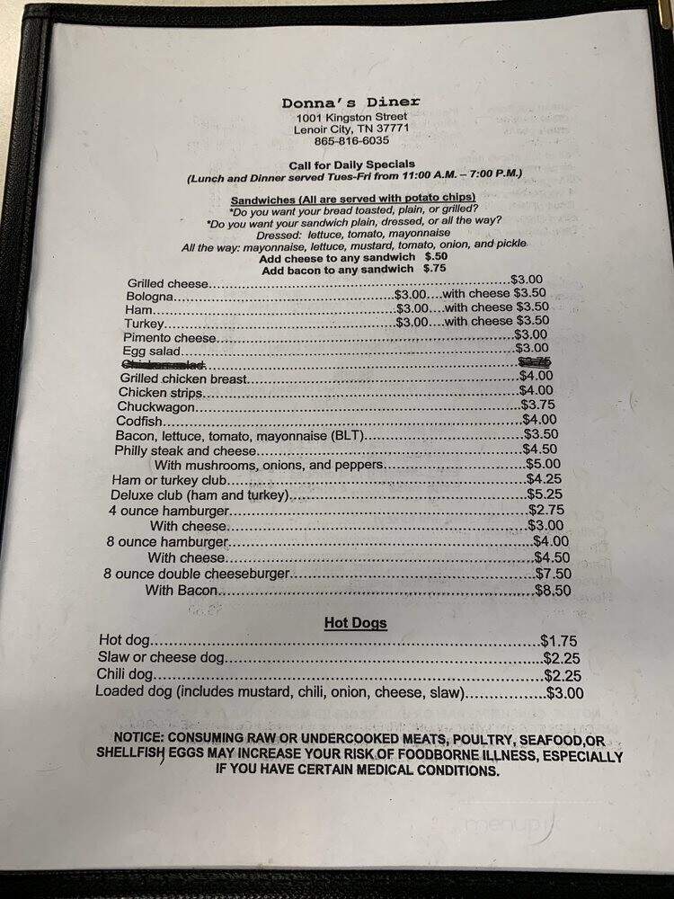 Donna's Diner - Lenoir City, TN menu_pic