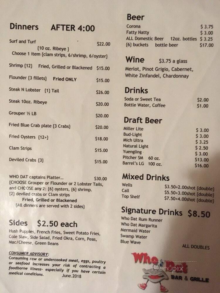 Who Dat Bar & Grille - Steinhatchee, FL menu_pic