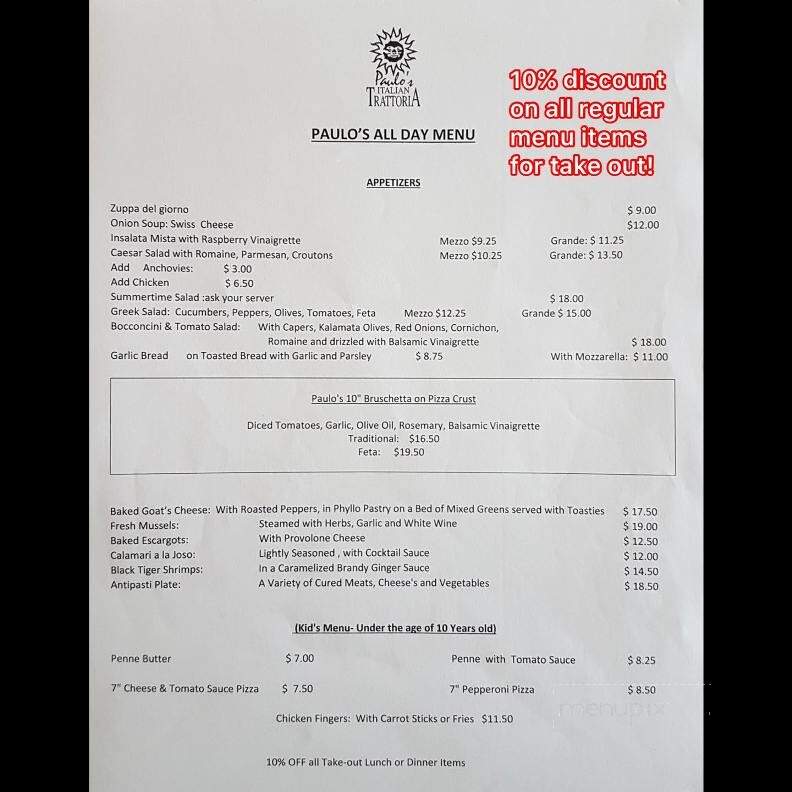 Paulo's Italian Trattoria - Belleville, ON menu_pic
