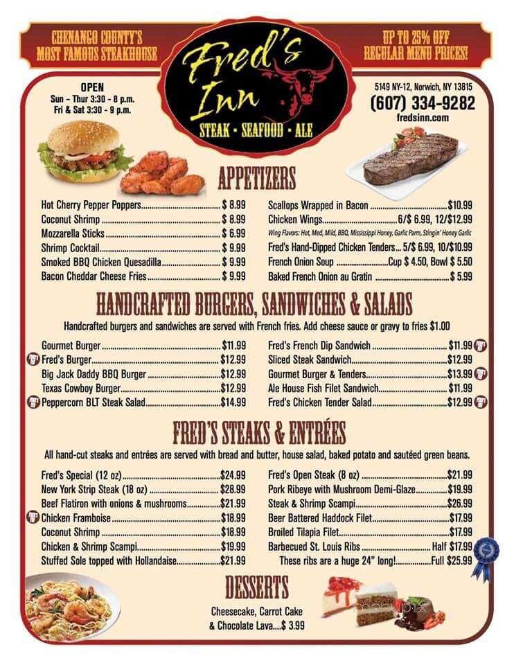Fred's Inn & Lodge - Norwich, NY menu_pic