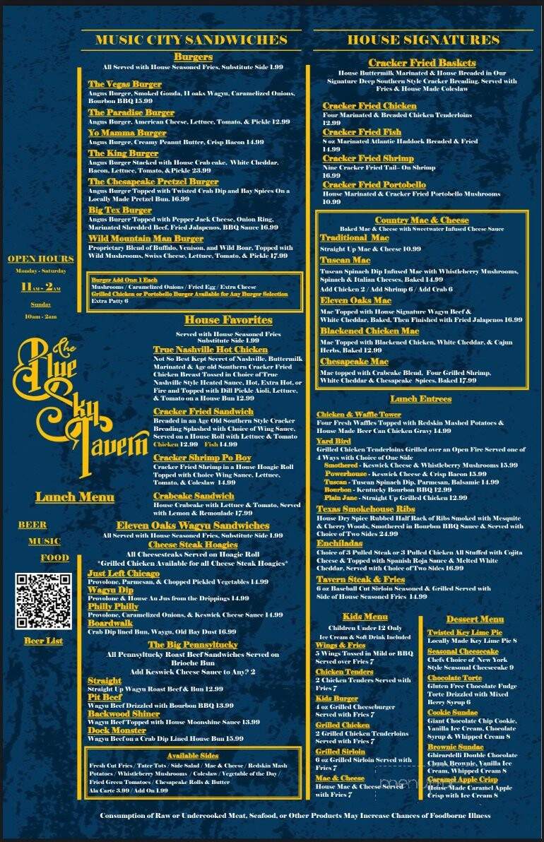 The Blue Sky Tavern - Etters, PA menu_pic
