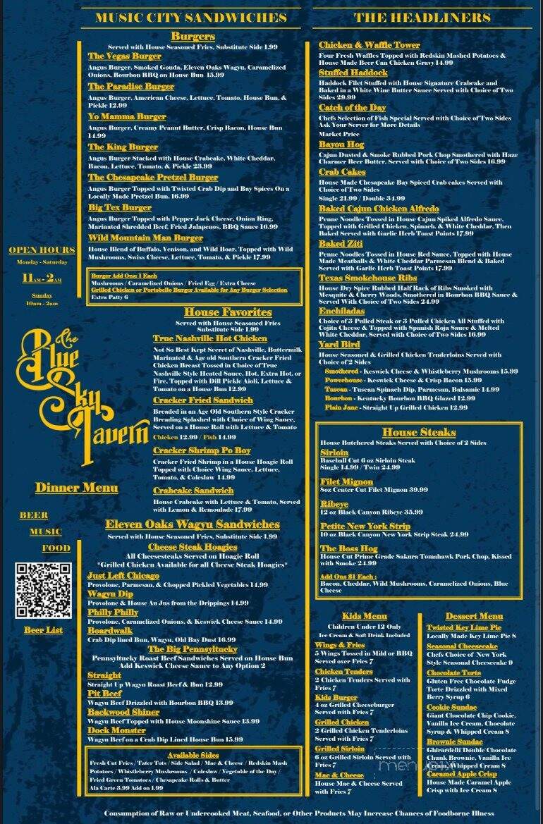 The Blue Sky Tavern - Etters, PA menu_pic
