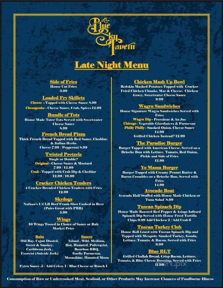The Blue Sky Tavern - Etters, PA menu_pic