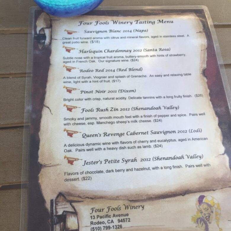 Four Fools Winery - Rodeo, CA menu_pic