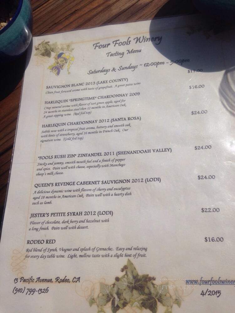 Four Fools Winery - Rodeo, CA menu_pic
