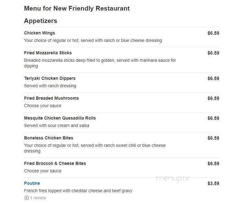 New Friendly Restaurant Inc - Perry, ME menu_pic