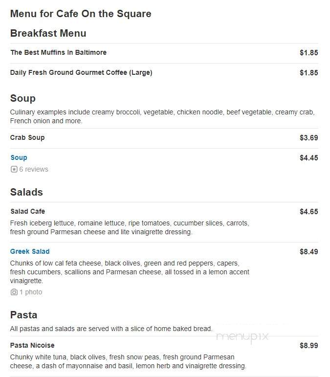 Cafe On The Square - Baltimore, MD menu_pic