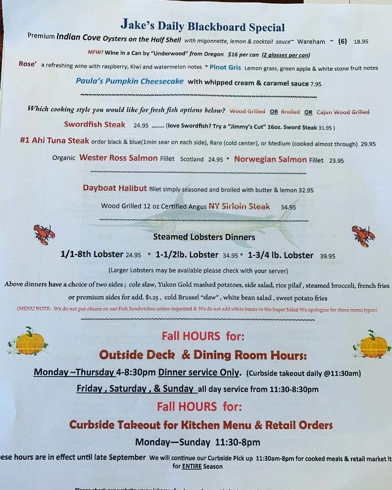Jake's Seafood Restaurant - Hull, MA menu_pic