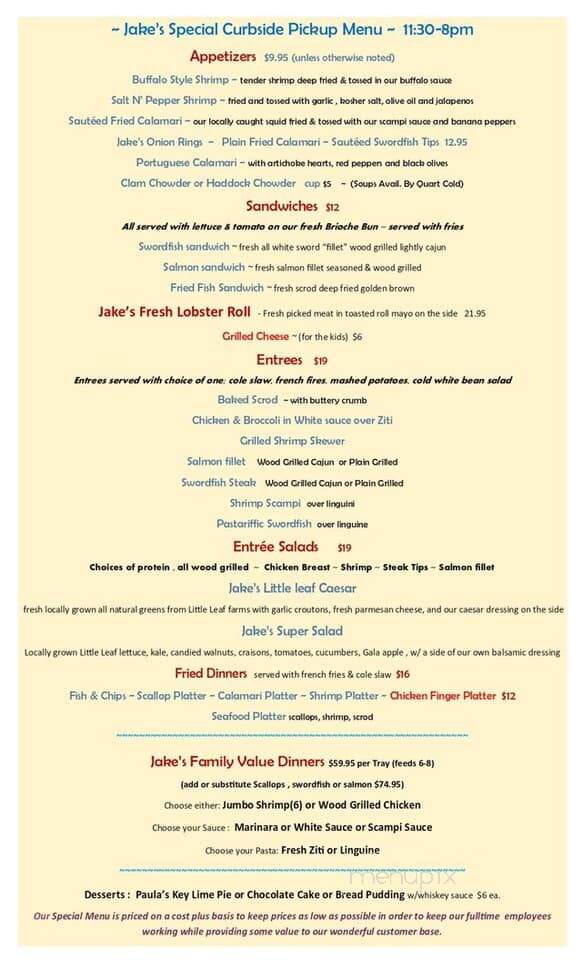 Jake's Seafood Restaurant - Hull, MA menu_pic