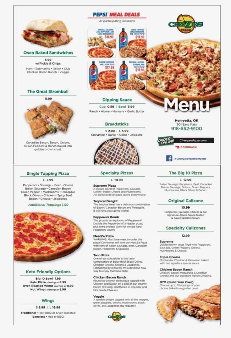 Cheezies Pizza - Henryetta, OK menu_pic