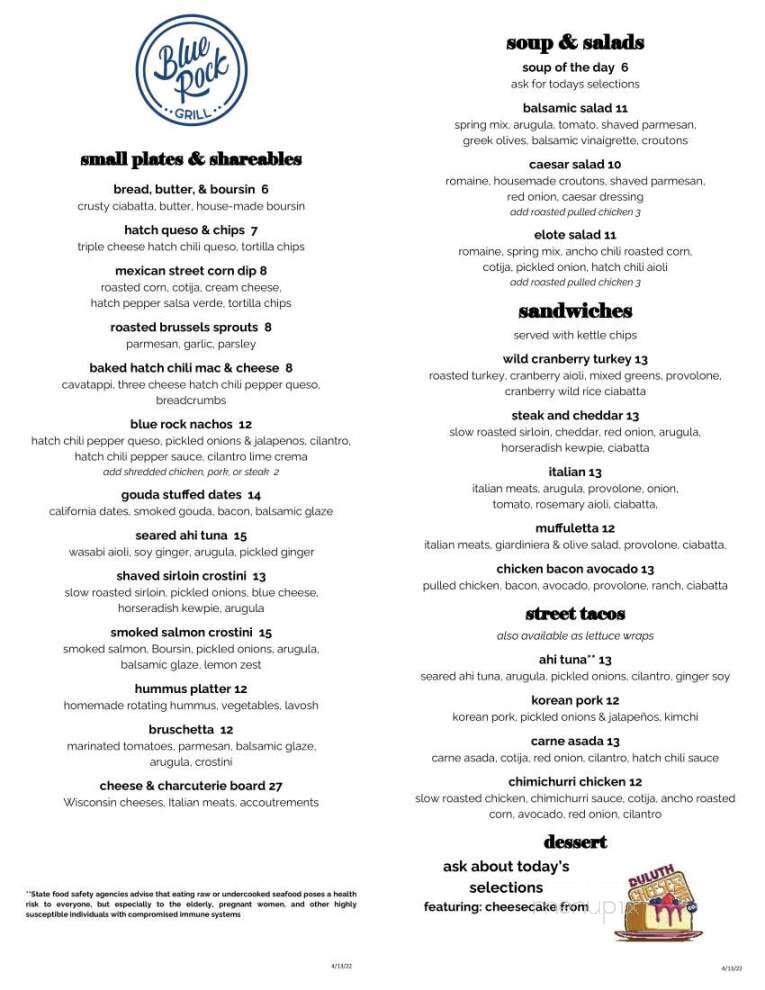 Blue Rock Grill - Duluth, MN menu_pic