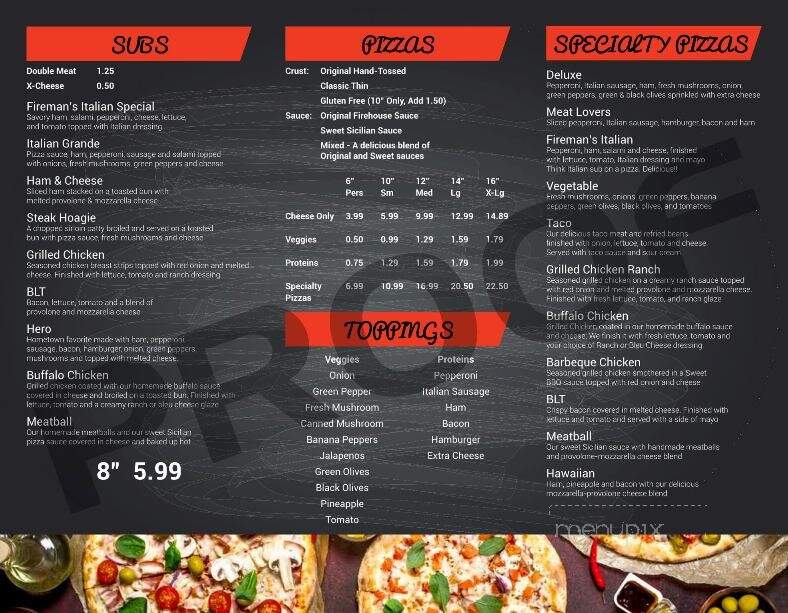 Firehouse Pizza and Subs - Zanesfield, OH menu_pic