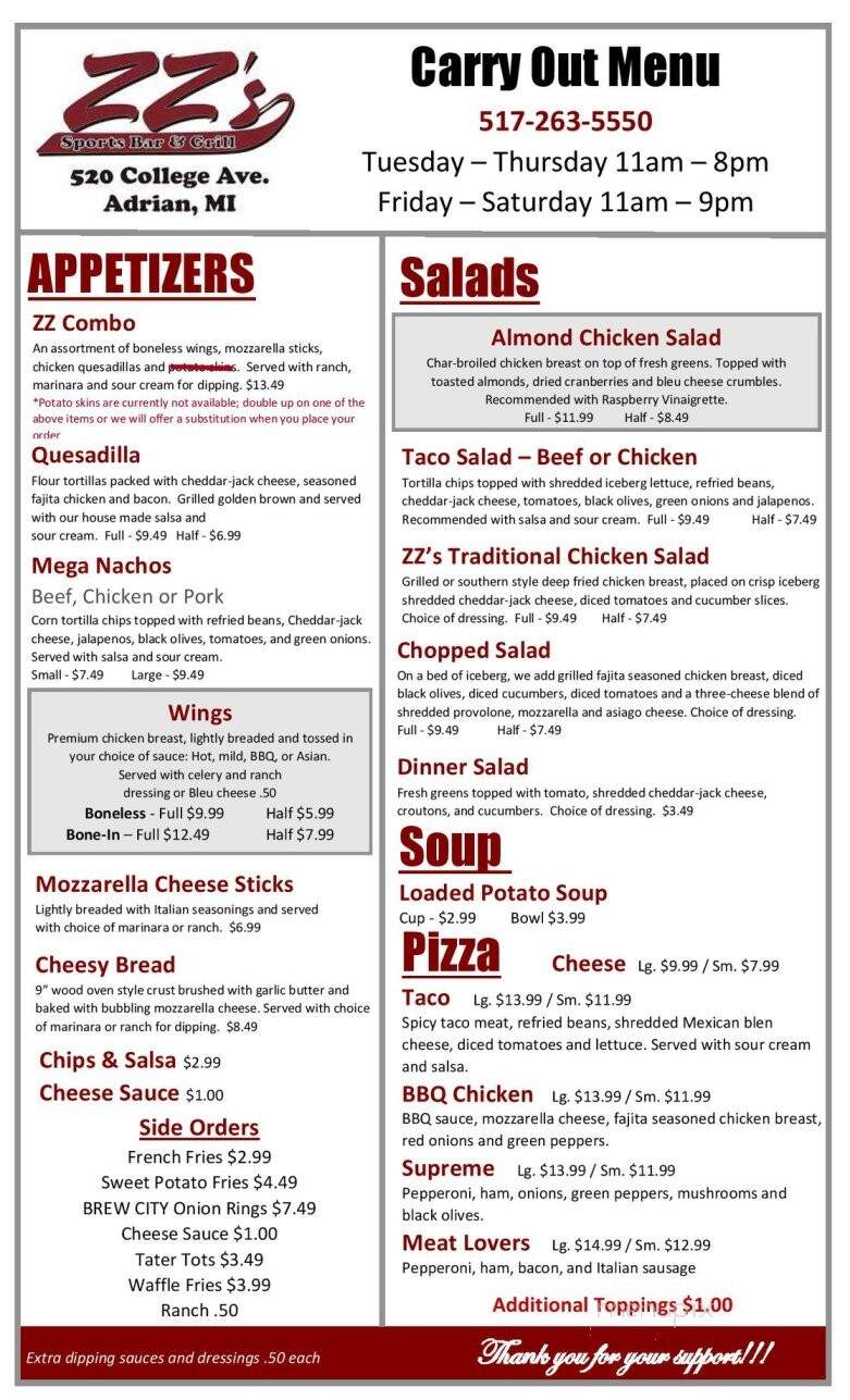 Zz's Sports Bar & Grill - Adrian, MI menu_pic