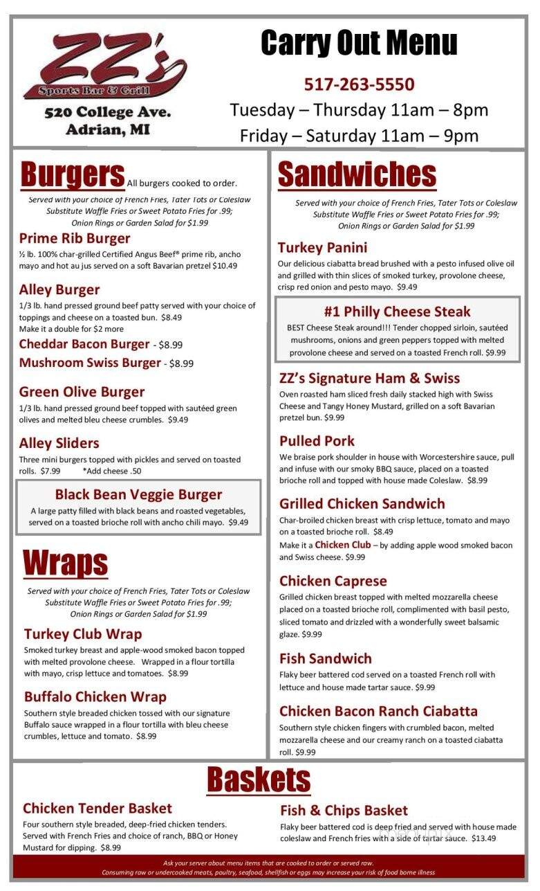 Zz's Sports Bar & Grill - Adrian, MI menu_pic