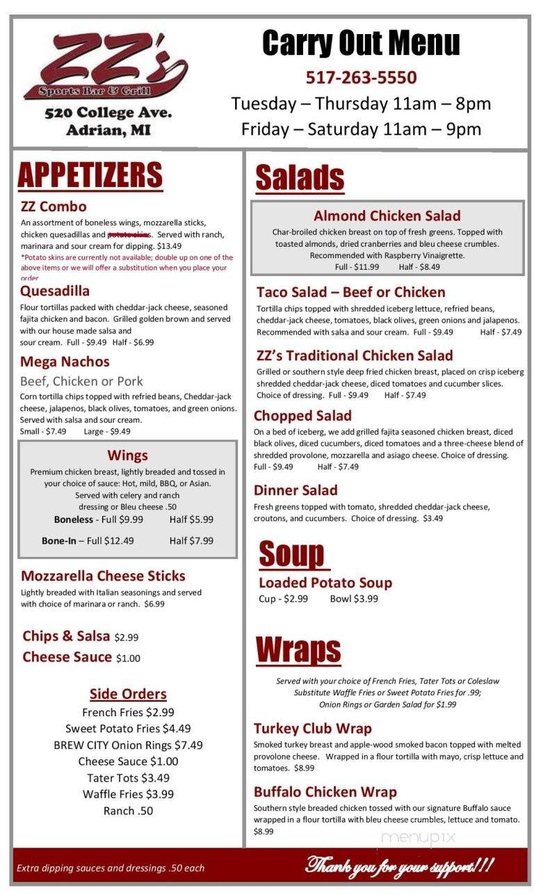 Zz's Sports Bar & Grill - Adrian, MI menu_pic