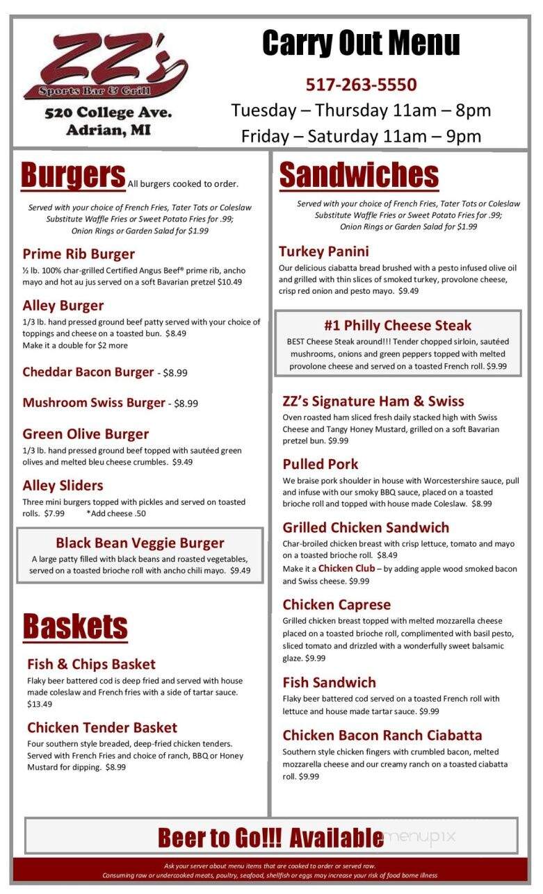 Zz's Sports Bar & Grill - Adrian, MI menu_pic