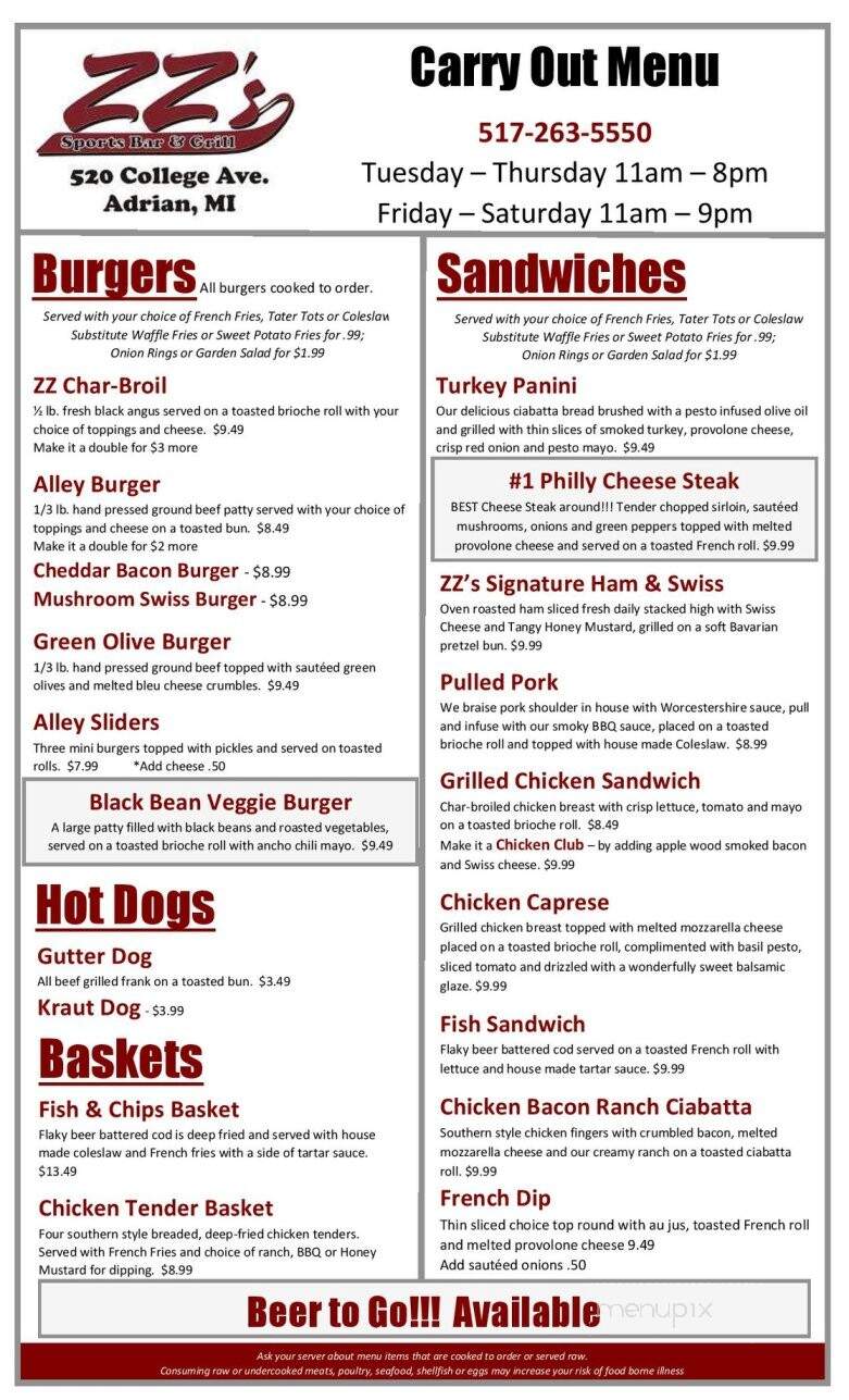 Zz's Sports Bar & Grill - Adrian, MI menu_pic