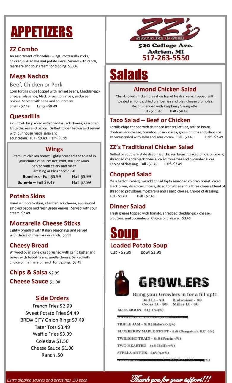 Zz's Sports Bar & Grill - Adrian, MI menu_pic