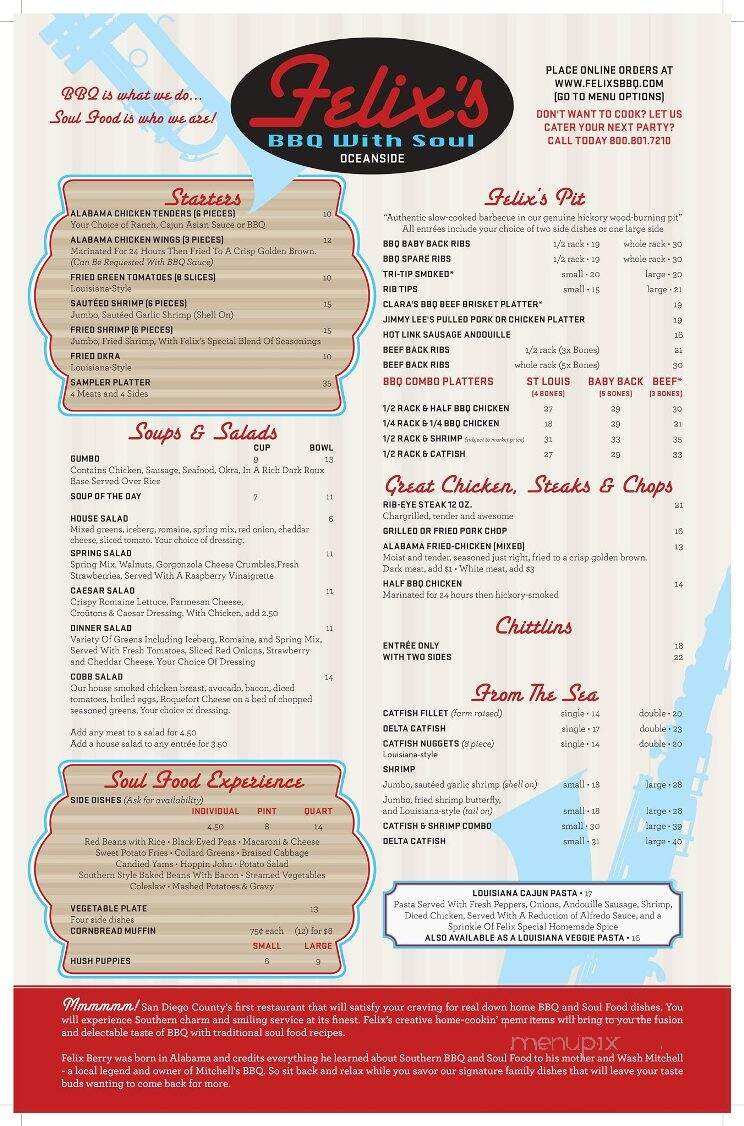 Felix's BBQ With Soul - Oceanside, CA menu_pic