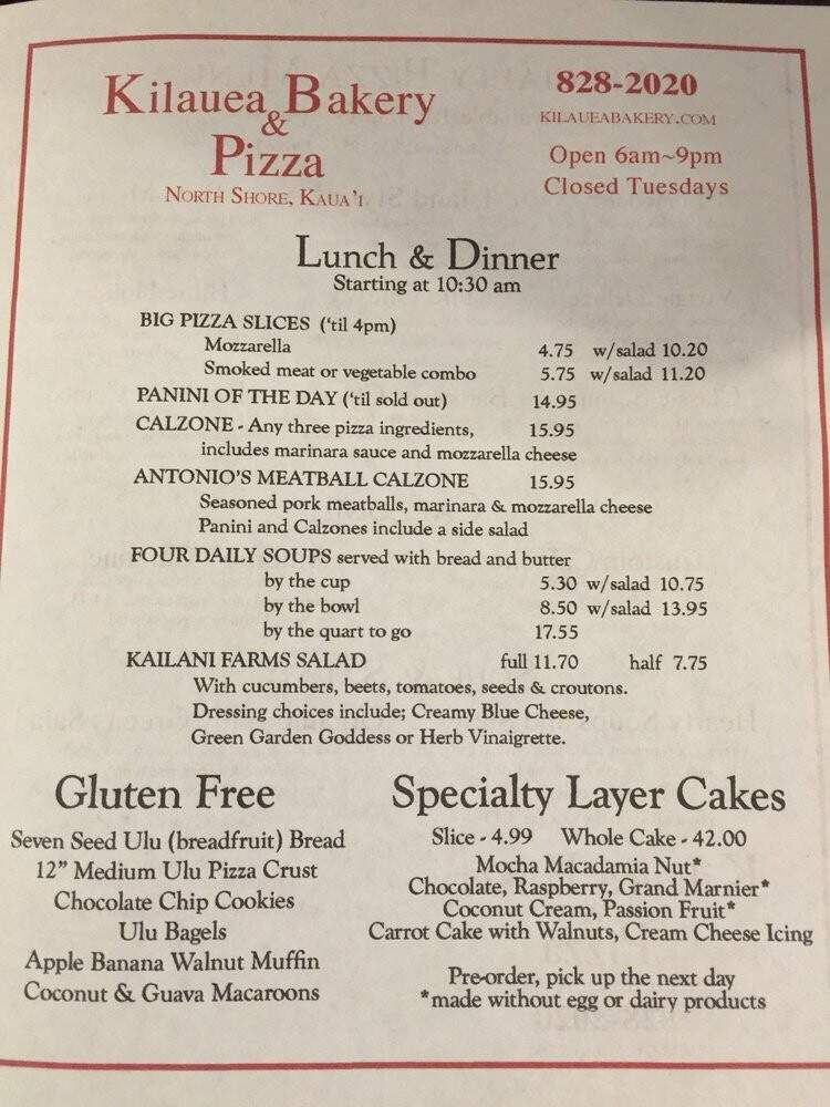 Kilauea Bakery Pau Hana Pizza - Kilauea, HI menu_pic