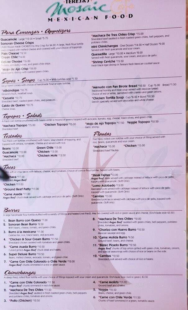 Teresa's Mosaic Cafe - Tucson, AZ menu_pic