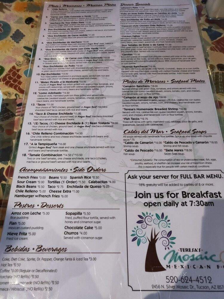 Teresa's Mosaic Cafe - Tucson, AZ menu_pic