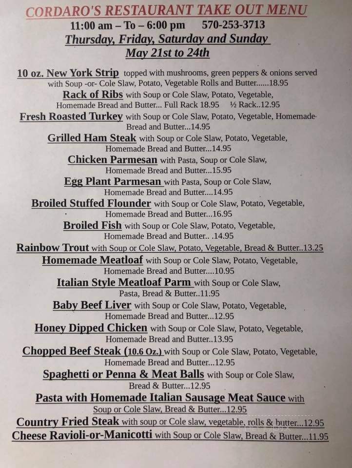 Cordaro's Restaurant & Lounge - Honesdale, PA menu_pic