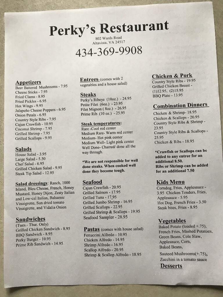Perky's Restaurant - Altavista, VA menu_pic