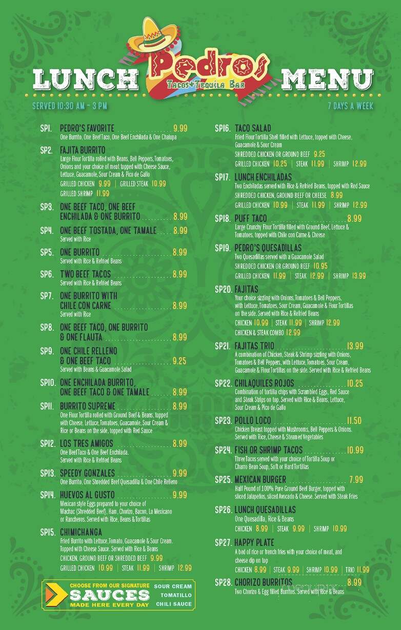 Pedro's Taco & Tequila Bar - Slidell, LA menu_pic