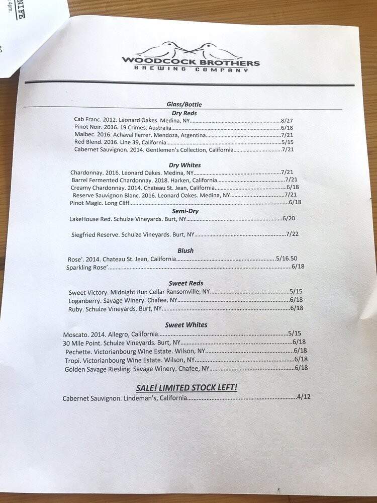 Woodcock Brothers Brewery - Wilson, NY menu_pic