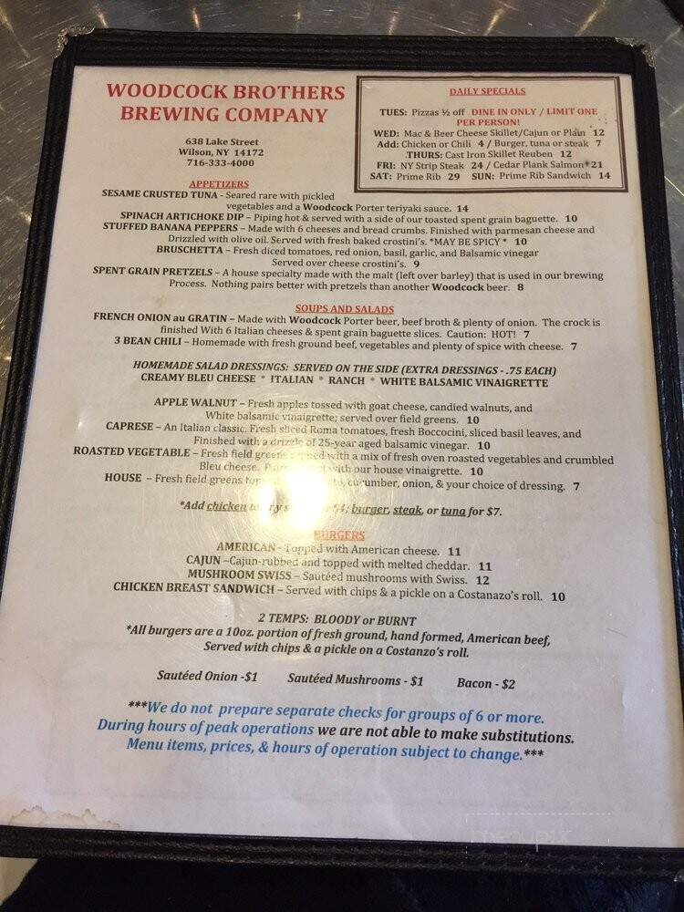 Woodcock Brothers Brewery - Wilson, NY menu_pic