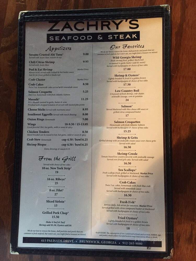 Zachry's Seafood Restaurant - Brunswick, GA menu_pic