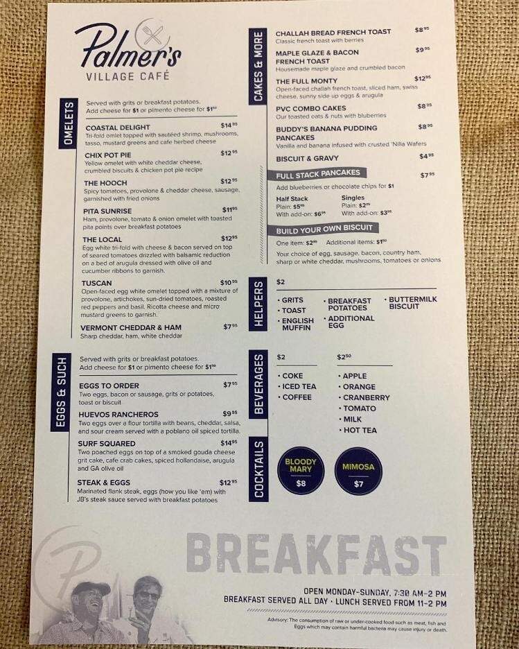 Palmer's Village Cafe - St Simons Island, GA menu_pic