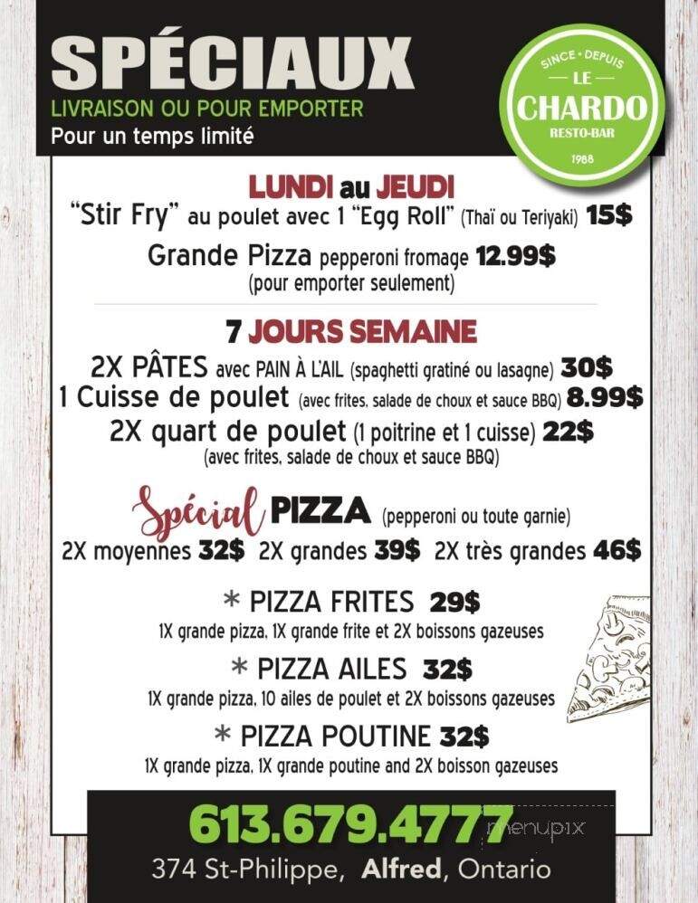 Restaurant Le Chardo - Alfred, ON menu_pic