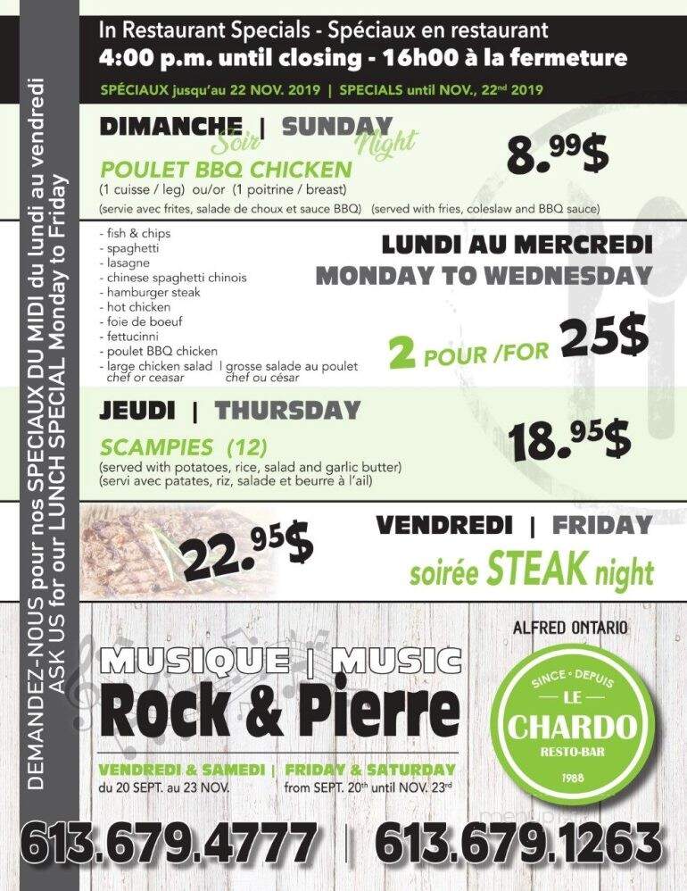 Restaurant Le Chardo - Alfred, ON menu_pic