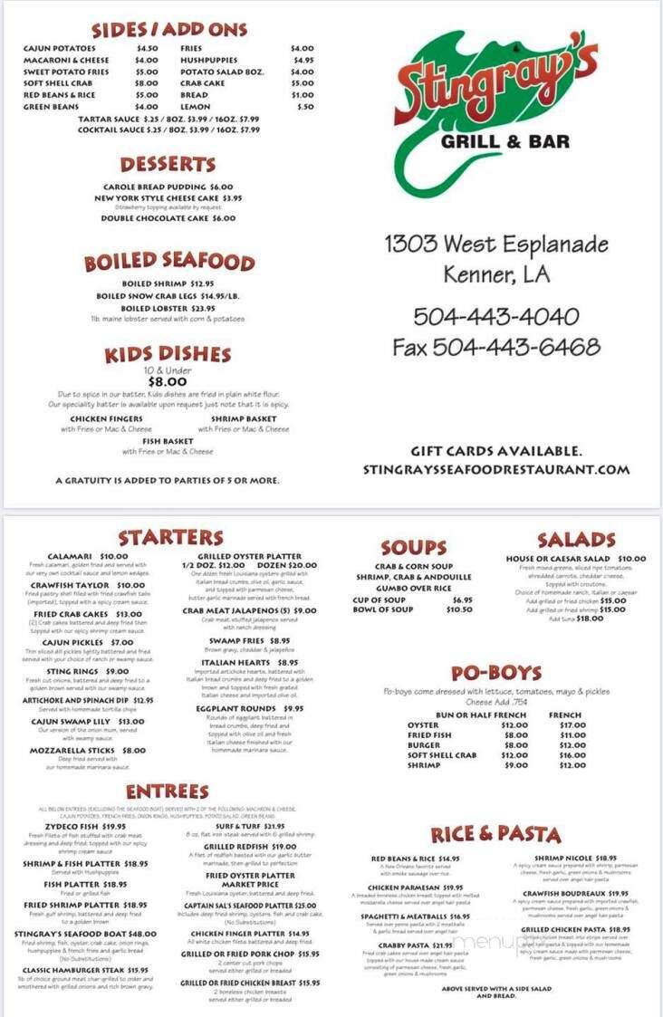 Stingray's Seafood Restaurant - Kenner, LA menu_pic